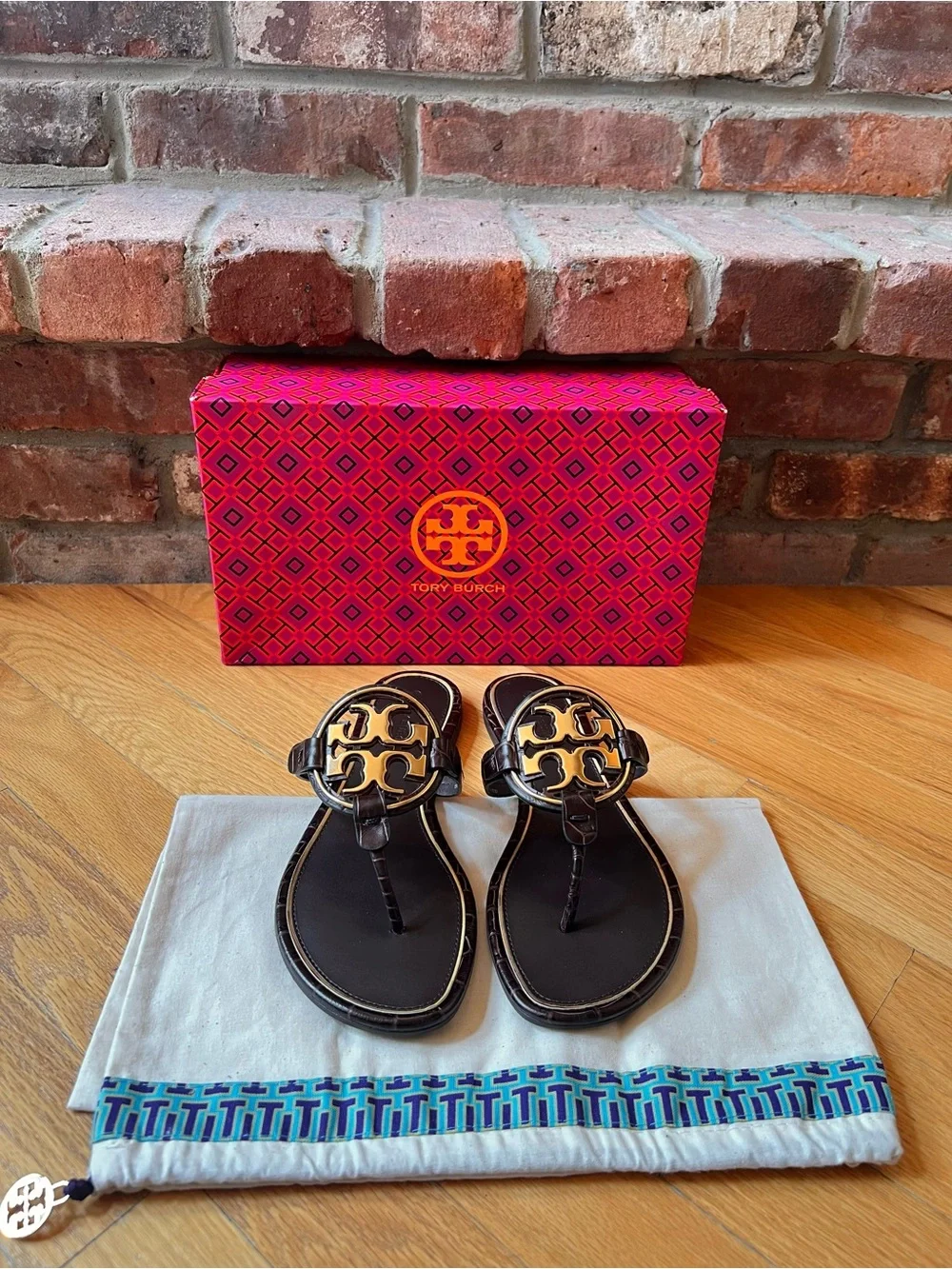 Tory Burch Coco Bark Dark Brown Croco Embossed Leather Metal Miller Sandals